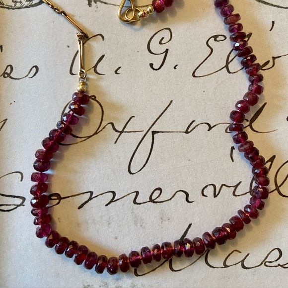 Rhodolite Garnet Hand Strung Gem Necklace With Gold Filled Antique Watch Chain - Picture 7 of 17